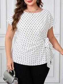 Camisa casual de manga corta con diseño plisado y teñido anudado para mujer de talla grande, adecuada para vacaciones, fiestas y salidas - Blanco - Ver 4