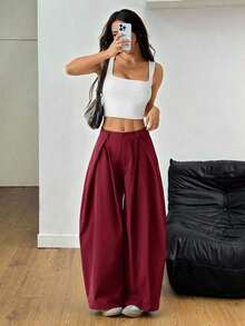 Pantalones anchos de verano con dobladillo curvo verde, estilo vintage, casual y para salir - Burdeos - Ver 5