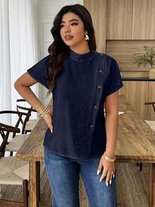 Weeklong Camisa suelta con botones y bordado de ojetes asimétrico, atuendo casual para diario/vacaciones, ropa de oficina - Azul marino - Ver 3
