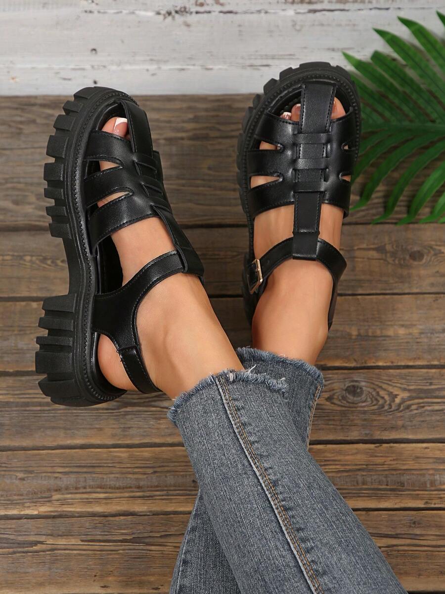 Black Open Toe Thick Platform Sandals Women Anti-Slip Rubber Sole Soft Insole Comfortable Casual Outdoor Beach Travel Vacation Summer Shoes - Black - View 1