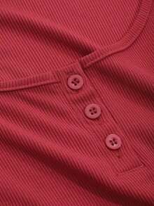 Camiseta corta de mujer de manga corta ajustada con diseño calado, para verano - Rojo - Ver 8