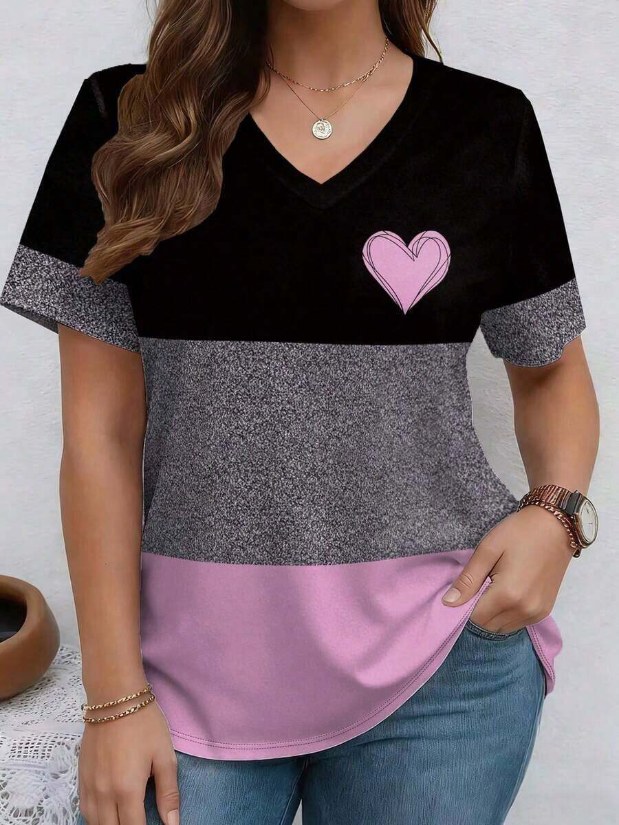 Camiseta casual de talla grande con cuello en V a rayas y patrón de corazón de patchwork - Multicolor 3 - Ver 1