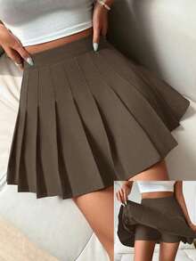 Falda pantalón casual de talle alto con pliegues y rayas para mujer - Café integral - Ver 8