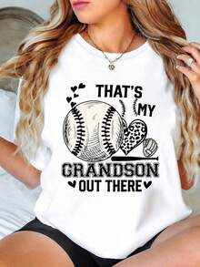 Baseball T-Shirt With Fun Design, Special Edition For Grandmother's Day, Women's Round Neck T-Shirt, Loose And Casual Fit, Soft And Comfortable, Suitable For All Seasons, Short Sleeve T-Shirt For Women, Machine Washable, Local Warehouse. - 白色 - 查看 1
