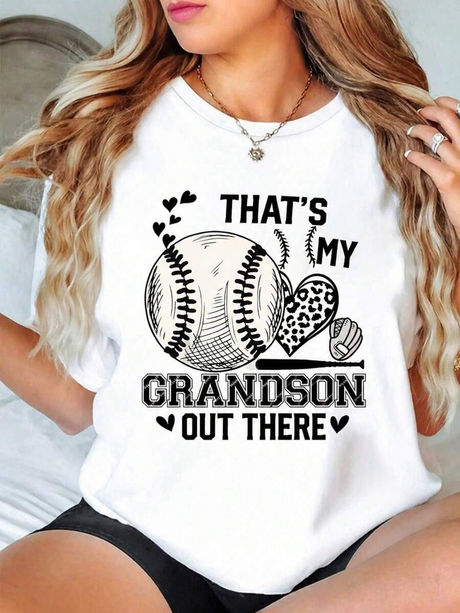 Baseball T-Shirt With Fun Design, Special Edition For Grandmother's Day, Women's Round Neck T-Shirt, Loose And Casual Fit, Soft And Comfortable, Suitable For All Seasons, Short Sleeve T-Shirt For Women, Machine Washable, Local Warehouse. - 白色 - 查看 1