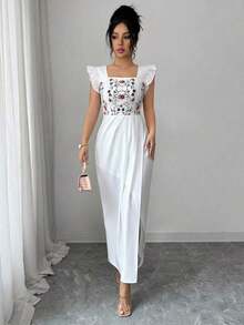 YHHSHEIN Elenzya Vestido casual de vacaciones con cuello cuadrado, mangas cortas, estampado digital frontal, bajo asimétrico y plisado, adecuado para mujeres de 20 a 35+ años para uso diario y reuniones (estampado de colocación)YHH - Blanco - Ver 4