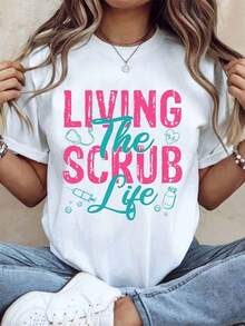 Women's Cotton T-Shirts Living The Scrub Life, Nurse T-Shirt, Gift For Healthcare Workers, Nurses, Doctors, Hospital Staff, Funny Work Shirt, Women's Basic Blouses. - 白色 - 查看 1