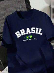 Men's And Women's Printed Shirt, Brazil Logo, 100% Cotton, Summer Fashion. - 藏蓝色 - 查看 3