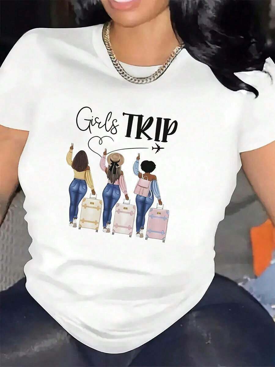 Women's Short-Sleeved T-Shirt, 100% Cotton, Lightweight And Durable, With Round Neck And Graphic Print, Comfortable Medium-Stretch Fabric, Stylish Printed Design, Ideal For Travel, Outdoor Activities, Parties And Gatherings, Everyday Wear In All Seasons. - 白色 - 查看 1