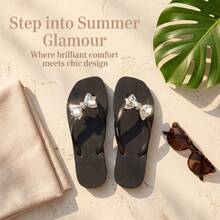 Women's Crystal Rhinestone Bow Thong Sandals, Black Square Toe Non-Slip Flat Design, Soft Bottom Comfortable Slide Slippers For Summer, Suitable For Beach, Wedding, Pool, Daily Commute - Black - View 14