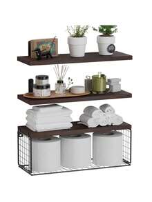 Bathroom Shelves Over Toilet - Wall Mounted Floating Shelves Toilet Paper Storage Small Farmhouse Decor Shelf 16 Inch Set Of 3, Brown. - 棕色 - 查看 2