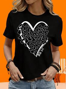 Camiseta de Mujer con Estampado de Leopardo y Corazón, Regalo para Fiesta, Estilo Casual, Manga Corta, Blanco y Negro, para Uso en Casa y al Aire Libre - Negro - Ver 6