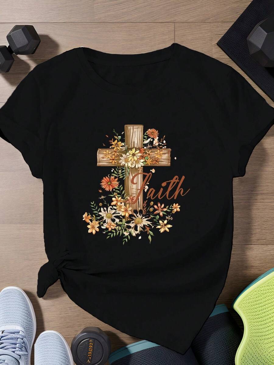 Camiseta deportiva de manga corta para mujer de talla grande con diseño floral de cruz inspirado en la fe. Adecuada para primavera, verano y otoño. - Negro - Ver 1