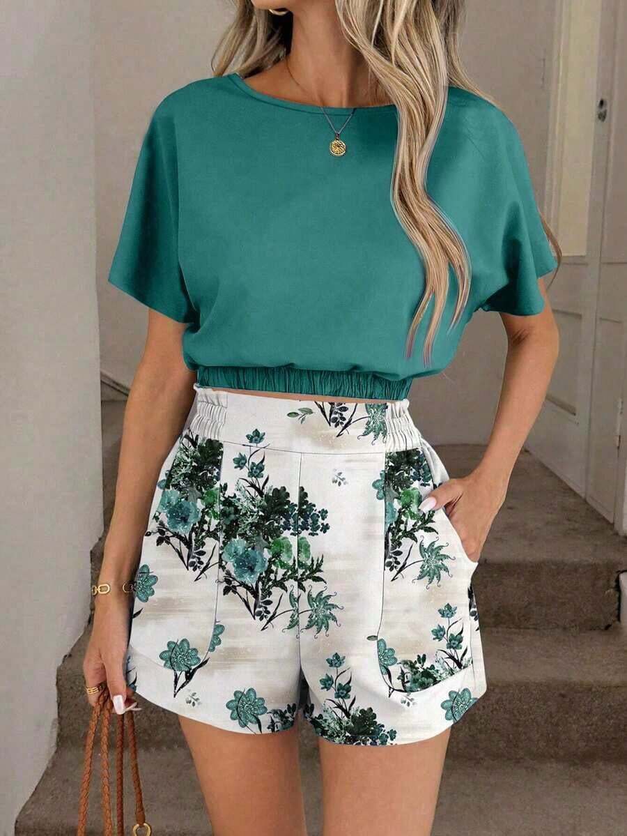 Women's Casual And Elegant Vintage Floral Print Set, Includes A Blouse With A Round Neck And Gathered Waist, And Shorts With Ruffles At The Waist And Pockets - 多色 9 - 查看 1