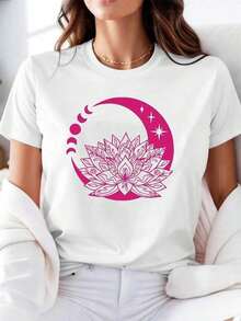 Camiseta de manga corta para mujer estilo boho yoga con diseño de loto rosa y fases lunares, cómoda y casual, de algodón elástico. - Blanco - Ver 12
