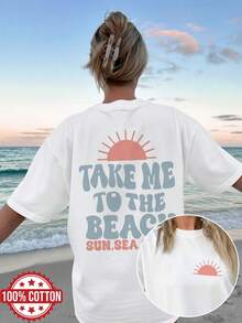 Women's Spring/Summer Clothing With Double-Sided Print, Vintage Style Top For Women, Sun And Beach Design, "Take Me To The Beach" Print, Versatile Short Sleeve, Drop Shoulder, Oversized T-Shirt, Women's Winter Clothing. - 白色 - 查看 7