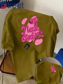 Women's Double-Sided Print Short Sleeve T-Shirt, Summer Casual Style, Round Neck, Fashion Print, Professional Style For Nail Artists, Pink Nail Polish Print, Loose And Slimming Fit, Nail Salon Workwear. - 杏色 - 查看 8