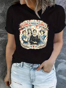 Women's Casual Short-Sleeved T-Shirt, Ideal For Summer Vacation, Printed With The Words "GIRLS WILL BE GIRLS", Decorated With A Red Pattern Design And Four Feminine Illustrations (Red Scarf, Statue Of Liberty Crown, Short Hair, "She's The First" Banner), Soft Casual Summer T-Shirt. - 黑色 - 查看 12