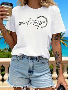 Camiseta de moda Y2K "viaje de chicas" de estilo cálido y relajante para mujer |   Camiseta de moda con estampado temático de viaje de amigas, diseño de eslogan escrito a mano, perfecta para crear un ambiente conmemorativo de viaje, conjuntos a juego para amigas, ropa de calle de verano con estampado gráfico. - Blanco - Ver 4