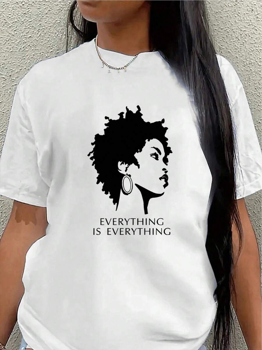 This Short-Sleeved Polyester T-Shirt, Decorated With African Feminine Motifs And The Slogan "Everything Is OK," Is Lightweight And Durable, Suitable For Casual Wear At Home, Restaurants, Or Offices. Women's Blouses > Clothing - 白色 - 查看 1