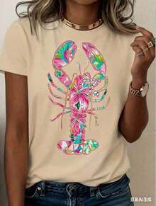 Camiseta Casual de Mujer con Estampado de Langosta - Estampado Costero en Rosa Suave y Turquesa, Corte Holgado, Mangas Cortas, Cuello Redondo, Ligera y Transpirable, Ideal para Fiestas de Playa en Verano, Diseño Vibrante de Langosta, Camiseta Casual de Uso Diario para Mujer, Lavable a Máquina, Opción de Regalo (Nueva Camiseta Elegante), Camiseta Gráfica Casual Encantadora 2026 para Atuendo de Moda Femenina, Ropa de Verano, Camisas para Mujer. - Albaricoque - Ver 8