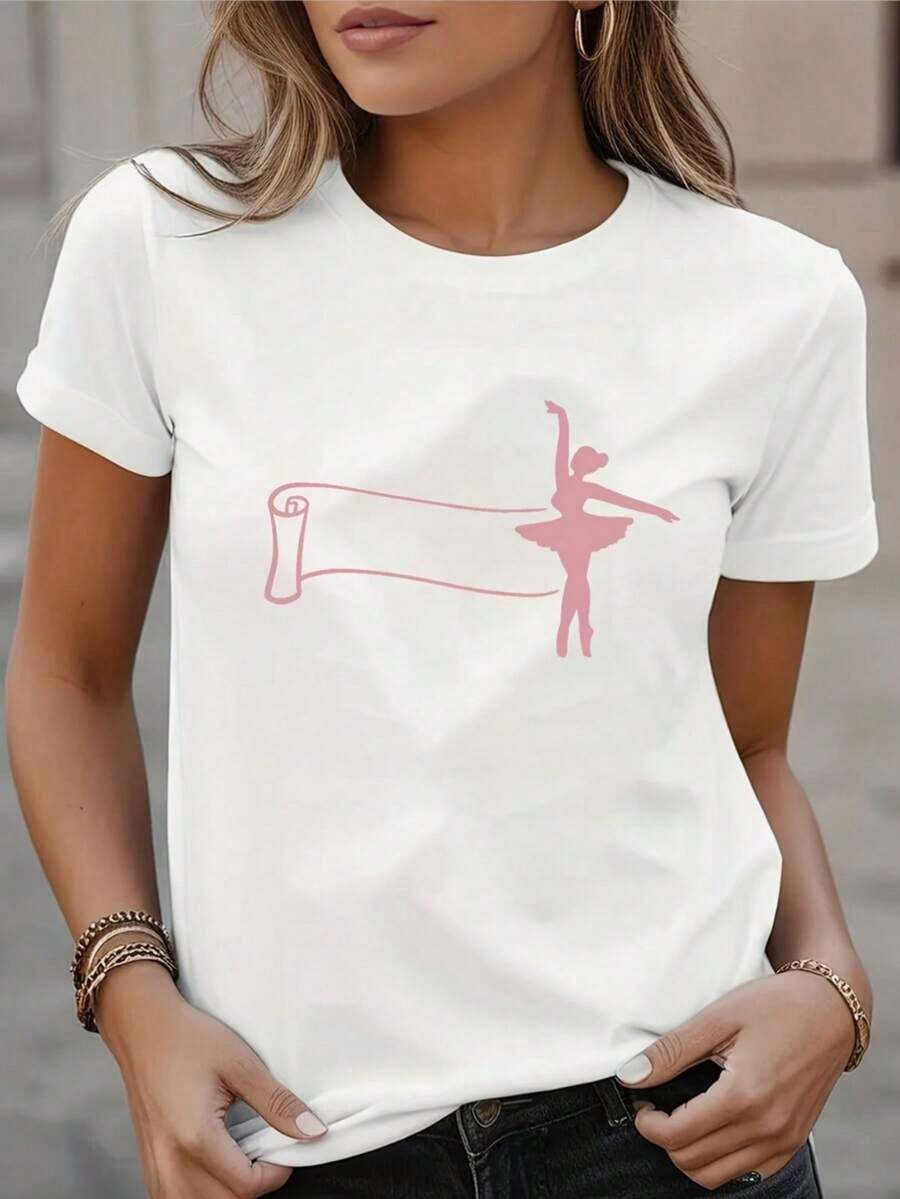 1 pieza de camiseta gráfica inspirada en el ballet para mujer - Top casual de manga corta con cuello redondo y estampado de bailarina rosa, tela suave, esencial para primavera/verano, ropa de uso diario, ropa con temática de ballet, material elástico, 180g, 100% algodón. - Blanco - Ver 1