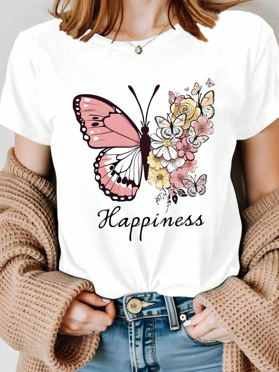 Camiseta con estampado floral de mariposas, blanca con el texto "Happiness" y diseño de flores y mariposas, adecuada para uso casual en primavera y verano, 180g 100% algodón. - Blanco - Ver 1