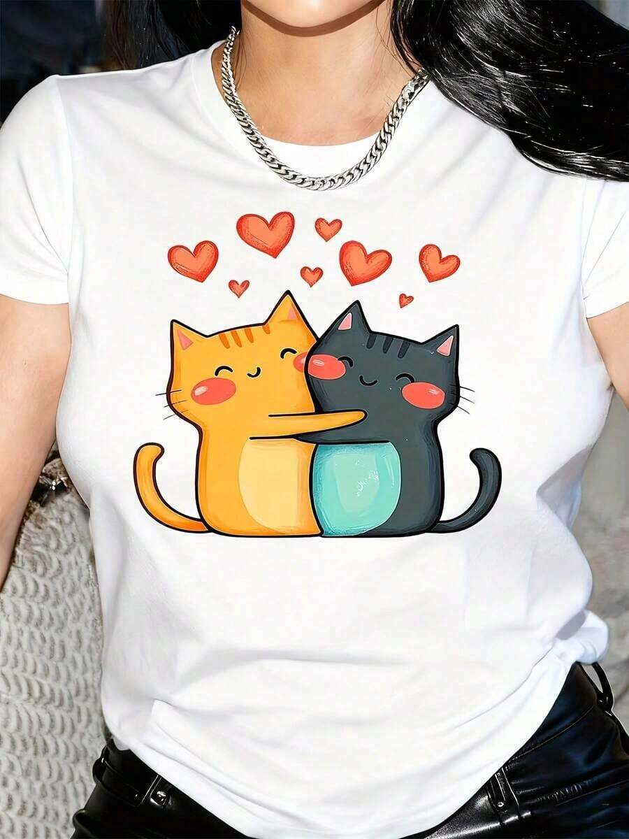ropa de mujer Camiseta de mujer con adorable diseño de gato de dibujos animados abrazando - Camiseta de cuello redondo suave y cómoda, perfecta para uso casual, regalos o fiestas de disfraces, camiseta para todas las estaciones con gráfico divertido, camisas de mujer - Blanco - Ver 1