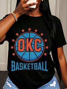Camiseta de baloncesto Okc para mujer, blanca, de manga corta, con estampado gráfico, para fanáticas de los Oklahoma City Thunder, ropa deportiva informal para el día del partido de baloncesto y uso diario. - Negro - Ver 6