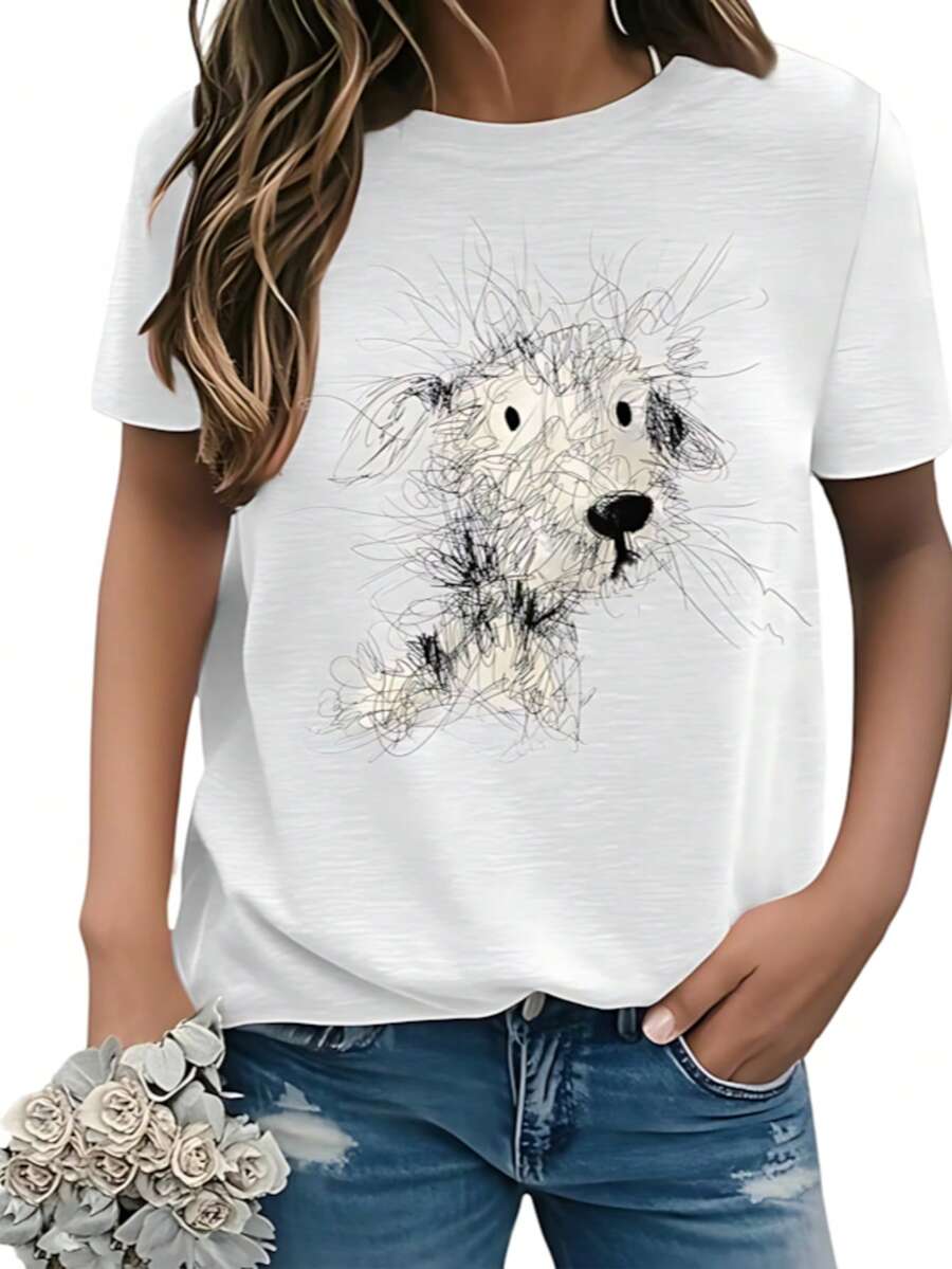 Camisetas divertidas para mujer, estampado de perro, cuello redondo, manga corta, elástica, ajuste holgado, moda de día festivo - Blanco - Ver 1