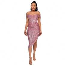 Women's Champagne-Colored Sequined Dress, Off-Shoulder Draped Design, Asymmetrical Side Slit, Stretchy Shiny Fabric Ideal For Summer Parties, Weddings As A Guest And Elegant Outdoor Dinners, Sexy Glamorous Style Perfect For Celebrations And Formal Events - 粉色 - 查看 5