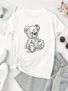Top de cuello redondo. Estampado creativo con diseño de oso. Camiseta de manga corta moderna y a la moda para mujer, camiseta deportiva casual sencilla, top cómodo de verano para vacaciones. Cómoda y holgada. - Blanco - Ver 3