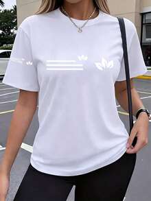 Essential 1-Piece Casual T-Shirt With Petal And Stripe Print, Y2K Style, Short Sleeve, Women's Sportswear, Summer, Elegant, Comfortable, Breathable, Round Neck, Short Sleeve, Versatile For Daily Use, Soft Cotton T-Shirt For Everyday Wear. - 白色 - 查看 1