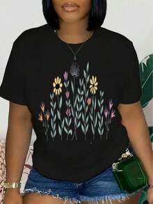 Women's Short-Sleeved T-Shirt, Soft And Breathable, 100% Cotton - Graphic Print With Teacher Theme, Casual Round Neck Top For Back To School Season, Versatile T-Shirt For Educators And Mothers, Teacher T-Shirt. - 黑色 - 查看 1