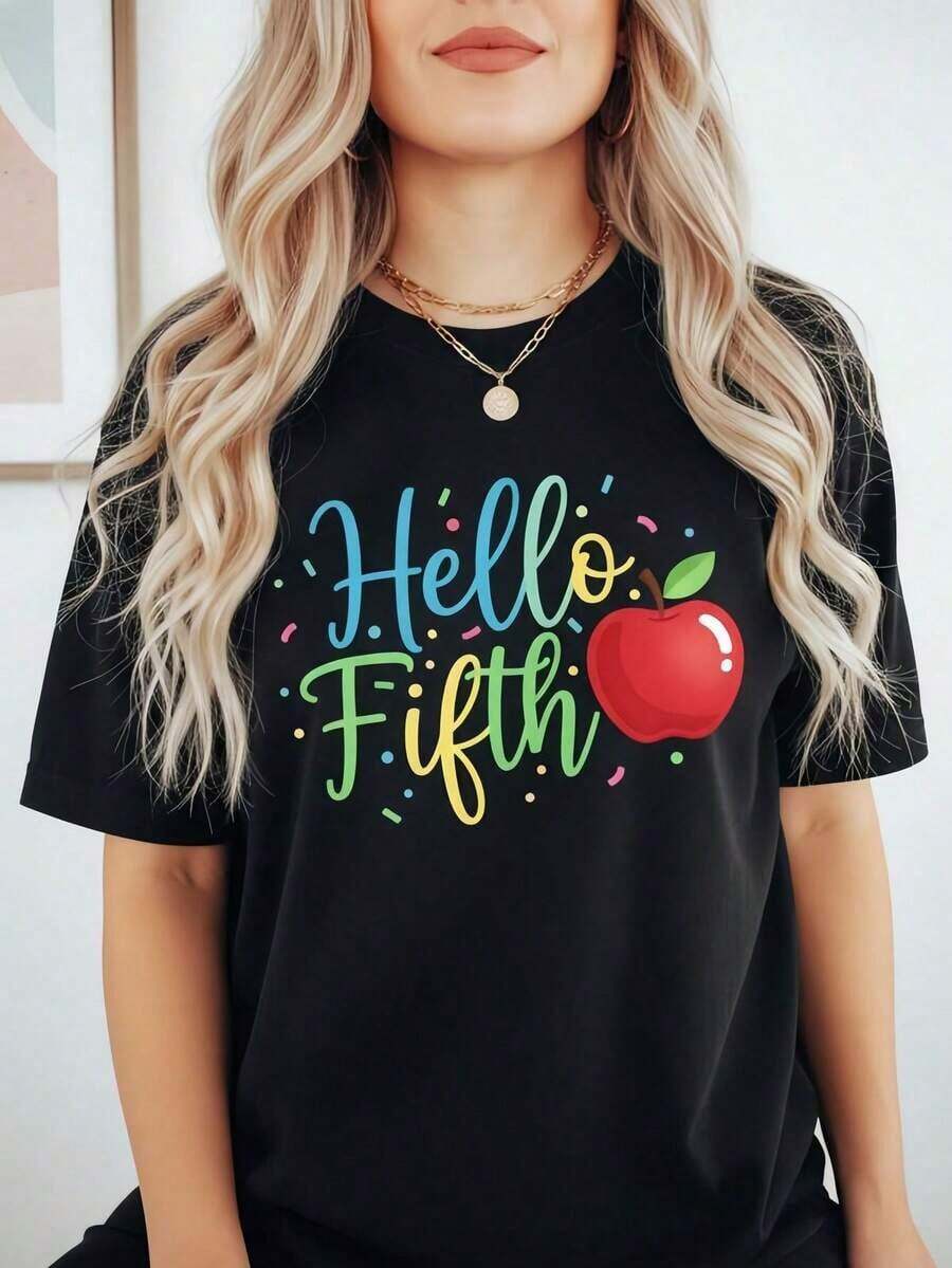 Back To School Hello Fifth Grade Kids Crew Neck T-Shirt 100% Cotton Short Sleeve With Fun Graphic, First Day Of School Gift For Girls Students, Outfit Round Neck Printed Short Sleeve Casual Everyday T-Shirt, They Are Excellent Gifts For Friends And Family, 100% Cotton T-Shirts Feature, A Youthful And Fashionable Design Casual Blouses For Women - 黑色 - 查看 1