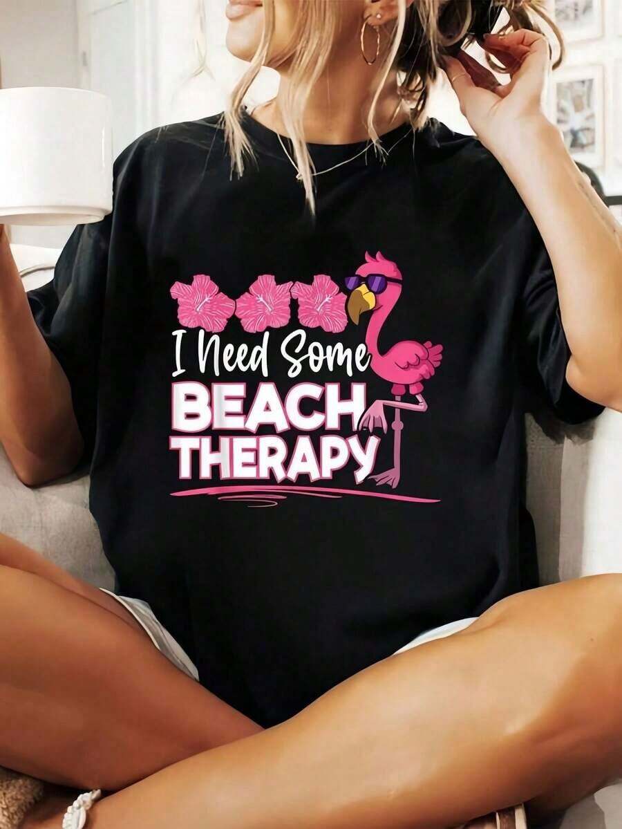 100% Cotton T-Shirt "I Need Some Beach Therapy Summer Vacation" With Pink Flamingo Print, For Men And Women, Soft And Breathable, Classic Style, Summer Fashion, Round Neck, Short Sleeve, Casual For Daily Wear, Excellent Gifts For Friends And Family, 100% Cotton T-Shirts, Youthful And Modern Design, Casual Blouses For Women. - 黑色 - 查看 1