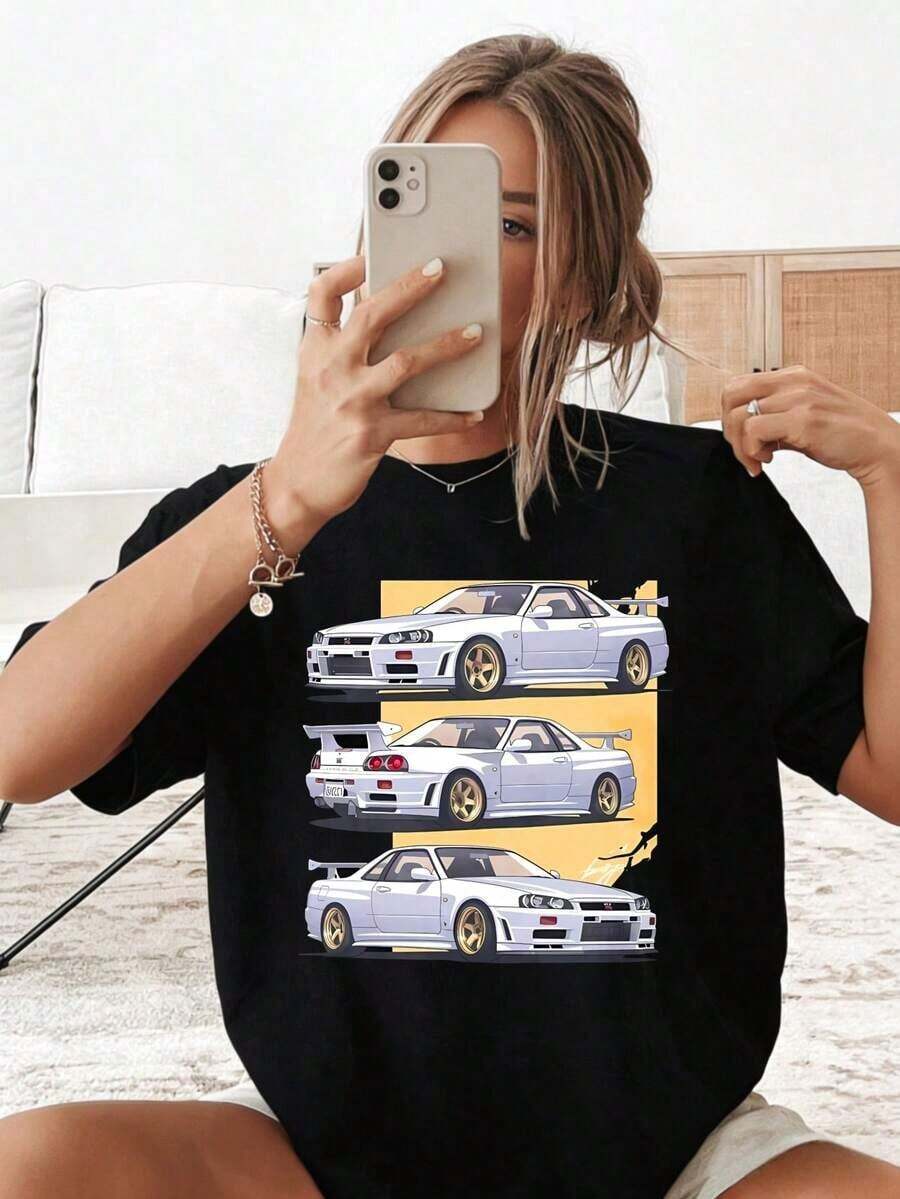 Women's Oversized Cotton T-Shirt With A 3-White Car Print, Streetwear Style, Casual Short Sleeves, A Great Summer Gift For Her, Crew Neck, Printed Design, Perfect For Everyday Wear. These T-Shirts Make Excellent Gifts For Friends And Family. Made From 100% Cotton, They Feature A Youthful And Fashionable Design. Casual Blouses For Women. - 黑色 - 查看 1