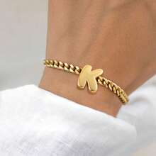 1 Peça Nova Pulseira de Corrente Cubana de Aço Inoxidável Dourado com Inicial Simples em Forma de Bolha para Mulheres - Ouro amarelo - Visão 1