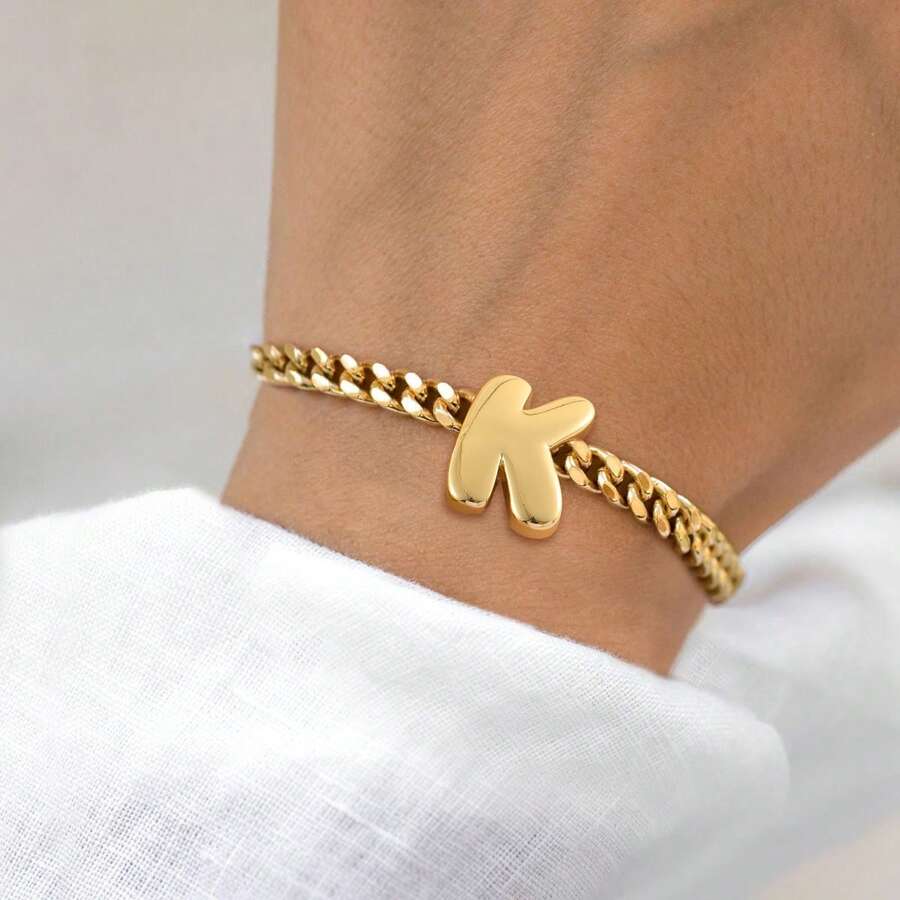 1 Peça Nova Pulseira de Corrente Cubana de Aço Inoxidável Dourado com Inicial Simples em Forma de Bolha para Mulheres - Ouro amarelo - Visão 1