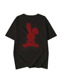 Graphic Short Sleeve T-Shirts, New Release, 1 Piece Round Neck T-Shirt With Red Rabbit Print, Casual Short Sleeve Top For Spring And Summer, Daily Casual Clothing For Women, 100% Cotton. - 黑色 - 查看 4