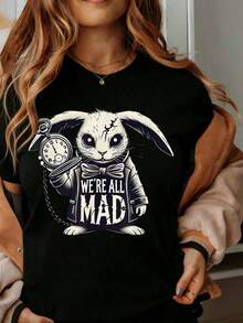 Women's Cotton T-Shirts With Clock And White Rabbit Print "We Are All Mad", Casual Fashion T-Shirt For Women, Halloween Costume Shirt, Alice In Wonderland Themed Clothing, Basic Women's Blouses. - 黑色 - 查看 7