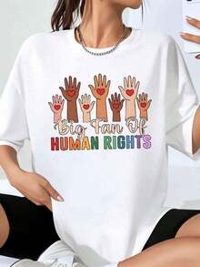 Women's "Big Human Rights Fan" T-Shirt, Rainbow Pride, Diversity, Equality, Activism, Casual Top For Human Rights Awareness Events And Celebrations - 白色 - 查看 7