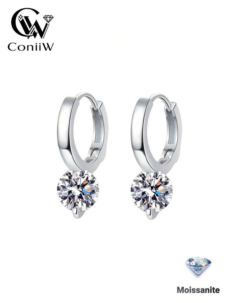 ConiiW 1 Pair 925 Sterling Silver 2 Carat Moissanite Earrings, Minimalist Vintage Classic Fashion Unisex Versatile High Quality, Suitable For Daily Wear, Vacation, Party, Banquet, Mother's Day, Father's Day, Thanksgiving, Christmas, Back To School, Wedding, Birthday, Anniversary, Coming Of Age Ceremony, Prom, Gift For Mother Or Friends, Comes With Gift Box