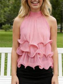 Women's Y2k Halter Flounce Tank Tops Solid Color Sleeveless Mock Neck Backless Layered Ruffle Flowy Blouse For Daily Office Party Wear - Pink - View 1