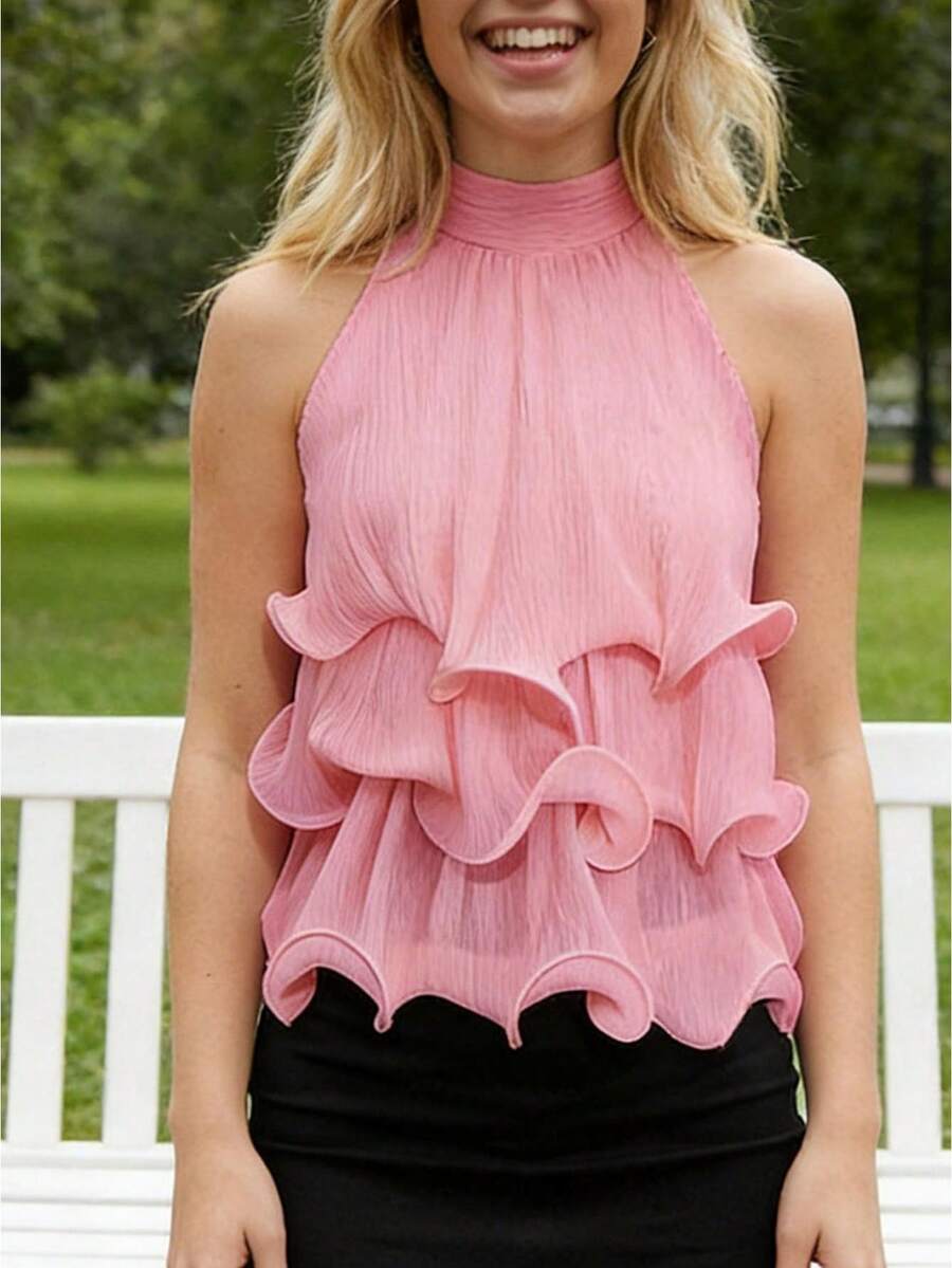 Women's Y2k Halter Flounce Tank Tops Solid Color Sleeveless Mock Neck Backless Layered Ruffle Flowy Blouse For Daily Office Party Wear - Pink - View 1