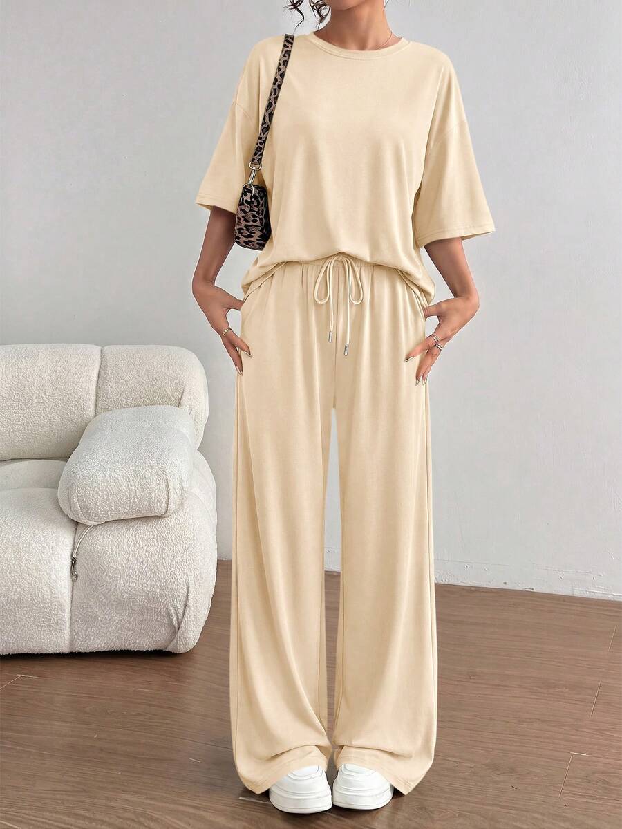 PRETTYGARDEN Women's Summer Clothes 2 Piece Sets Lounge For Short Sleeve Matching Airport Travel Outfits Casual Beige Vacation Summer Brunch Outfits For Women Mothers Day Outfit - 米色 - 查看 1