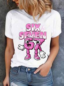 Funny 67 Brainrot T-Shirts For Women, Laddy Six Seven Brain Rot T-Shirt, Girls' T-Shirt, Women's T-Shirt, Tops & Tees - Vintage Urban Style, Unisex, Cotton, Short Sleeve, Round Neck, Loose Fit - 白色 - 查看 5