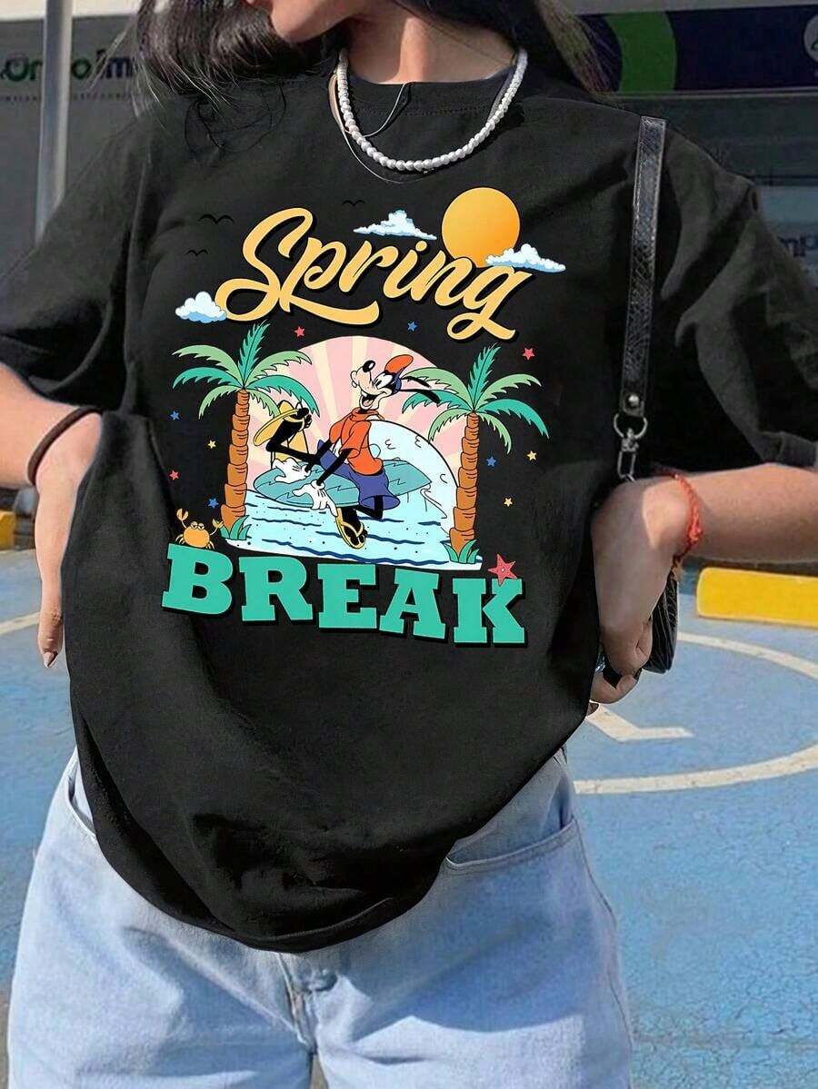 Officially Licensed, Women's Casual Cotton T-Shirt With Round Neck And Short Sleeves, Featuring A Spring Holiday Graphic Print, Regular Fit, Breathable And Lightweight, Suitable For Sports And Casual Wear, Ideal For Gifts, Suitable For Parties. - 黑色 - 查看 1