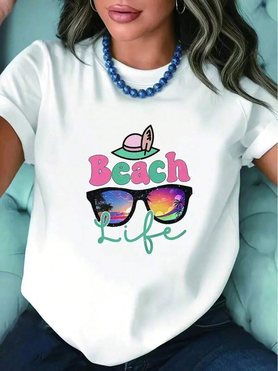 Beach Graphic T-Shirt With Retro Sunglasses Print, Tropical Sunset And Coconut Tree, Soft, Casual, Short Sleeve, For Summer Vacation - Urban Vintage Style, Unisex, Cotton, Crew Neck, Short Sleeve - 白色 - 查看 1