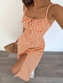 Vestido a media pantorrilla con tirantes a cuadros para mujeres, de moda y apropiado para el verano - Naranja - Ver 3
